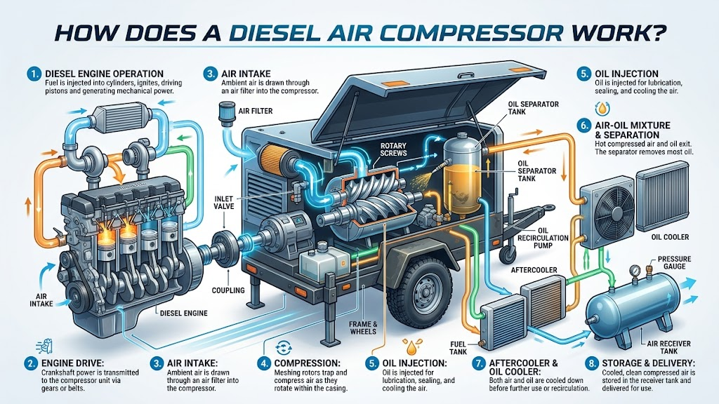 How does a diesel air compressor work - System diagram