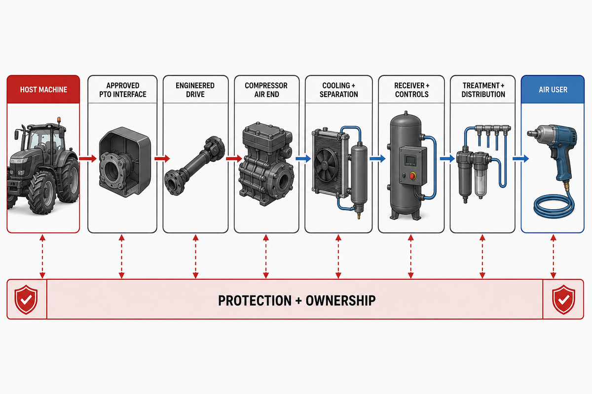 Host, PTO, driveline, compressor, cooling, storage, controls, distribution, and air-user system boundary