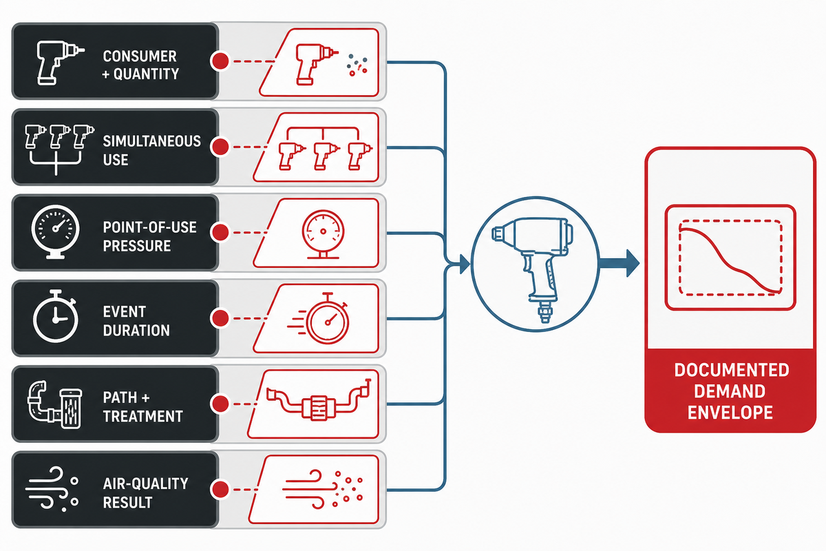 Air-demand envelope separates consumers, simultaneous use, pressure, duration, path, treatment, and air quality