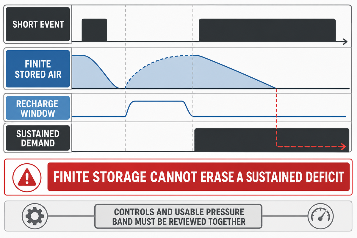 Receiver storage may bridge a short event but cannot erase a sustained compressed-air deficit