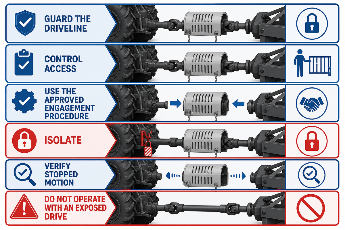 PTO driveline safety boundary covers guarding, access, approved engagement, isolation, and stopped-motion verification