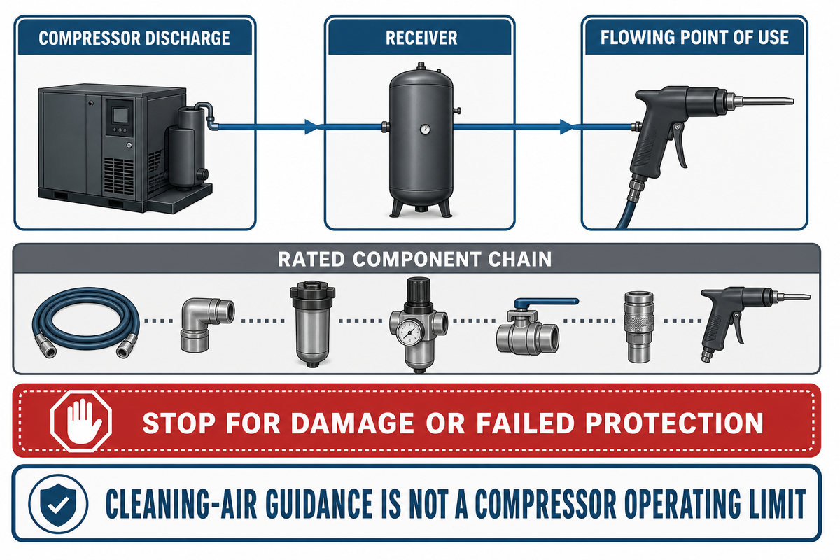 Discharge, receiver, and point-of-use pressures require separate measurement and rated components