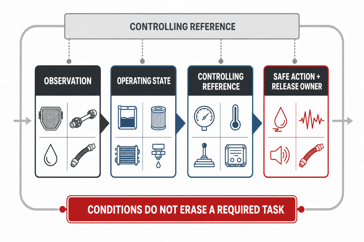 Maintenance records connect observation, operating state, controlling reference, safe action, and release owner