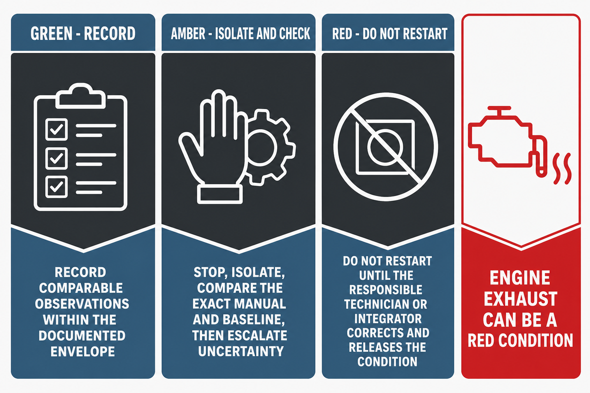Three-state PTO stoplight check separates record, isolate-and-check, and do-not-restart conditions
