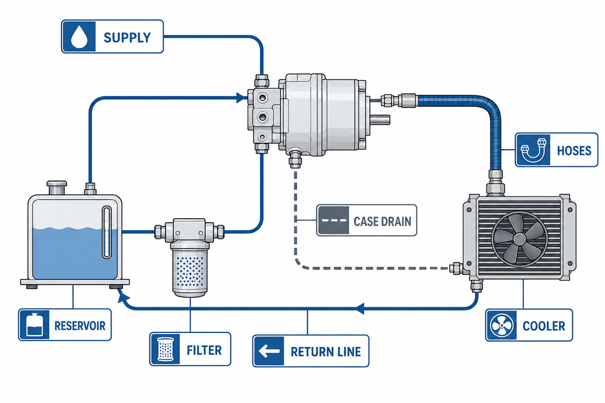 Design the Return Line, Case Drain, Reservoir, Filtration, and Hoses as One Circuit — PanGeng