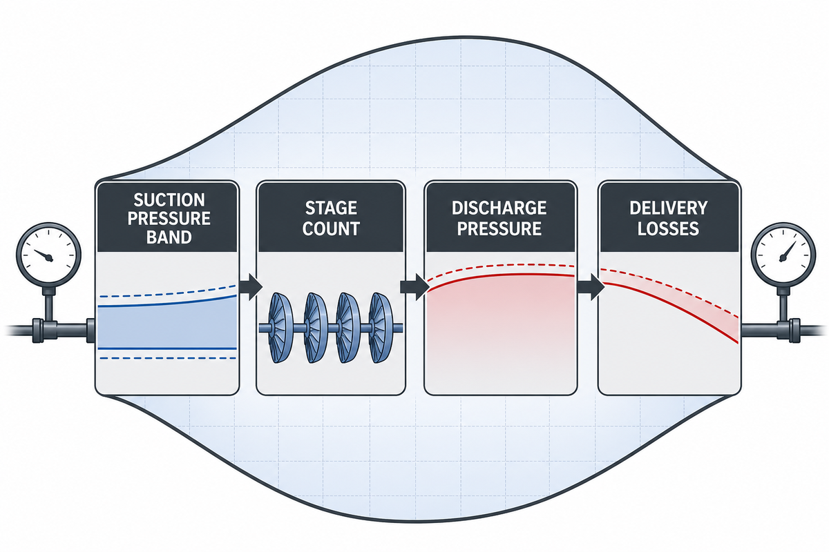 Pressure: Size for Suction Pressure, Discharge Pressure, Stage Count, and Delivery Losses — Pangeng