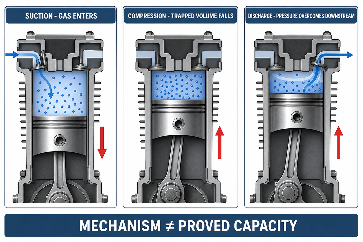 Piston suction, compression, and discharge explain mechanism but do not prove hydrogen capacity