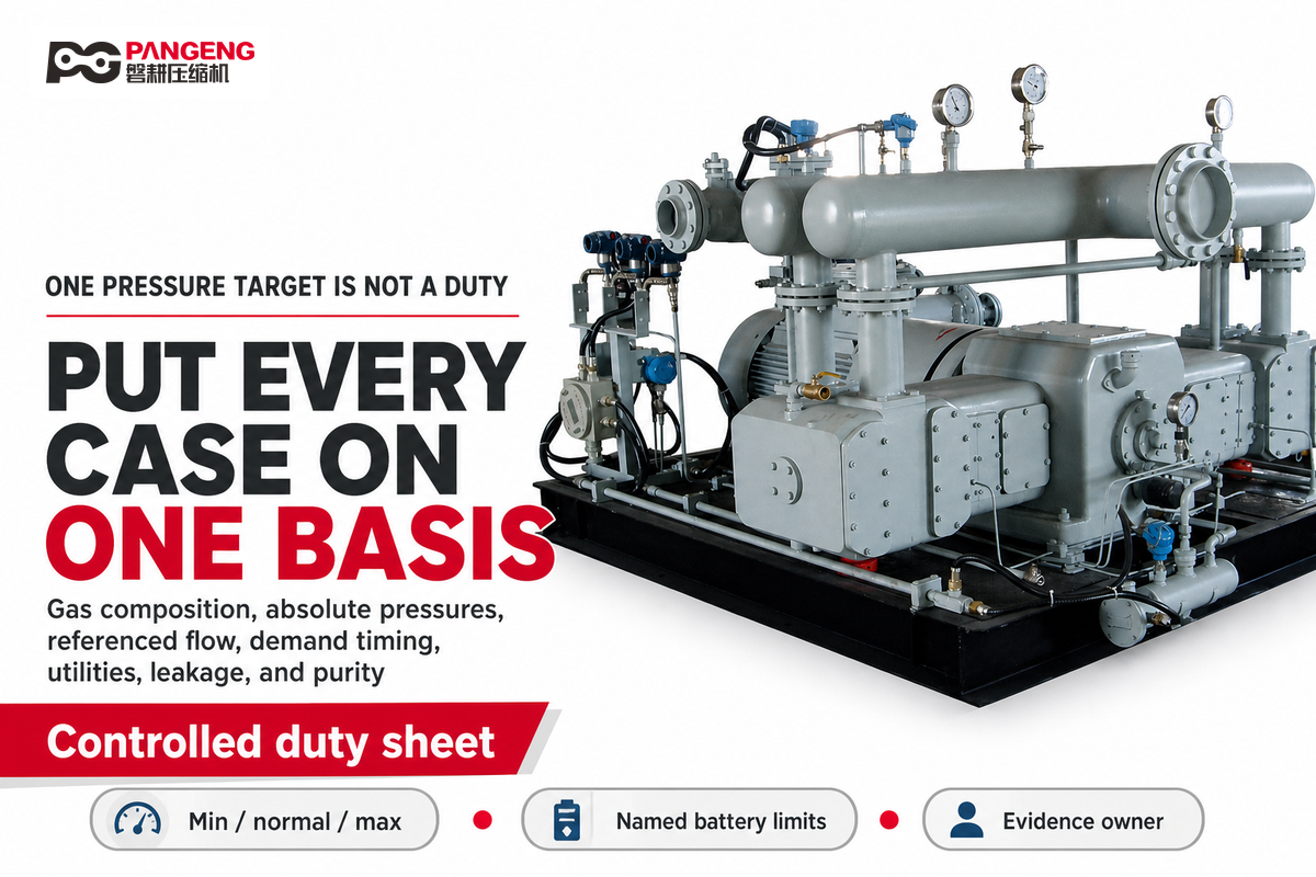 Hydrogen compressor duty sheet aligns gas, pressure, flow basis, demand, utilities, and evidence