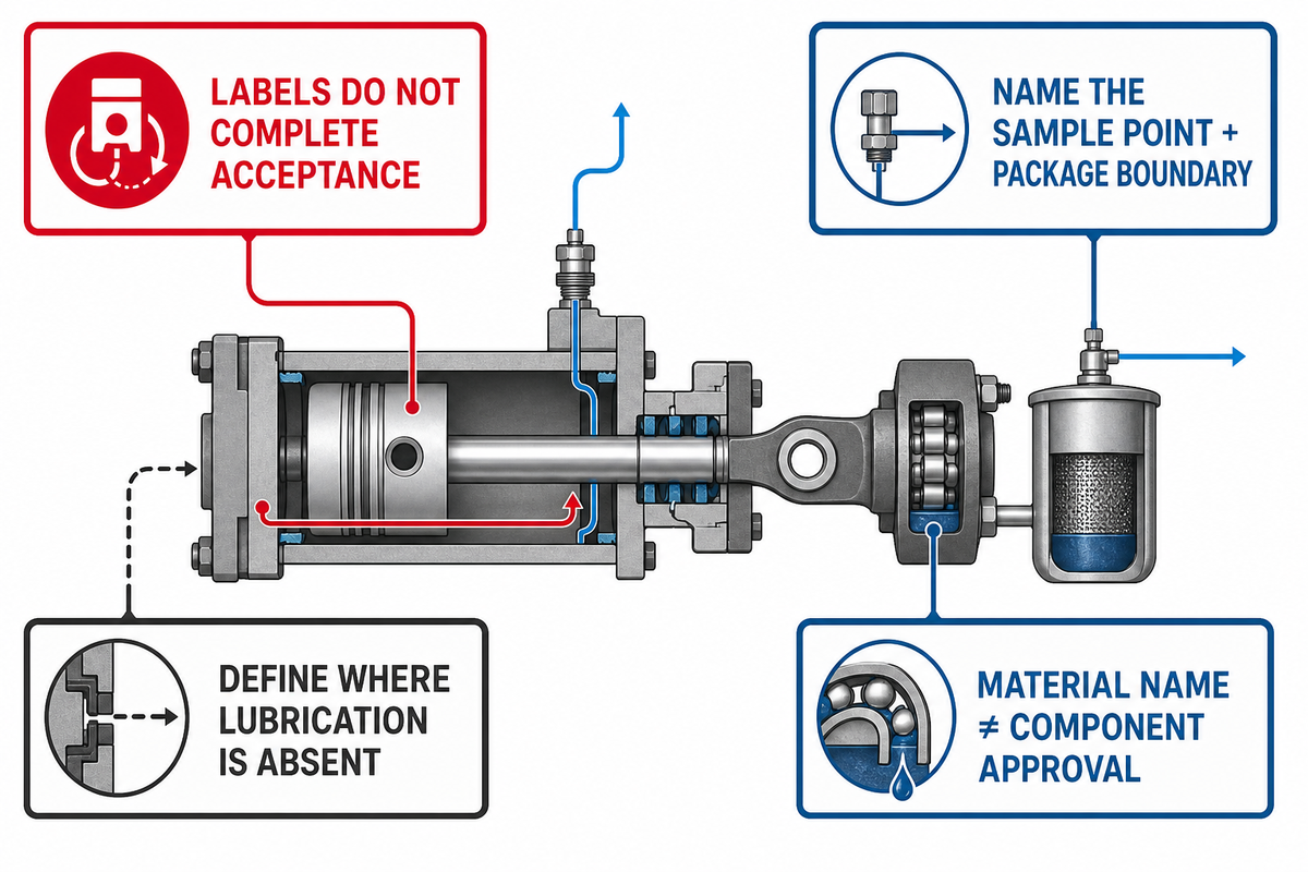 Hydrogen leakage, lubrication, materials, vent routing, and purity need separate evidence boundaries