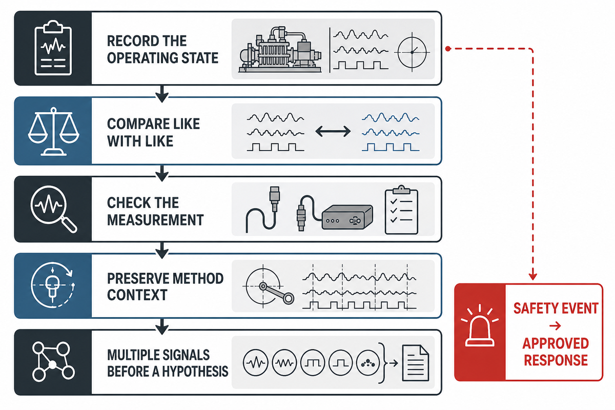 Operating-state monitoring compares repeatable signals before forming a compressor component hypothesis