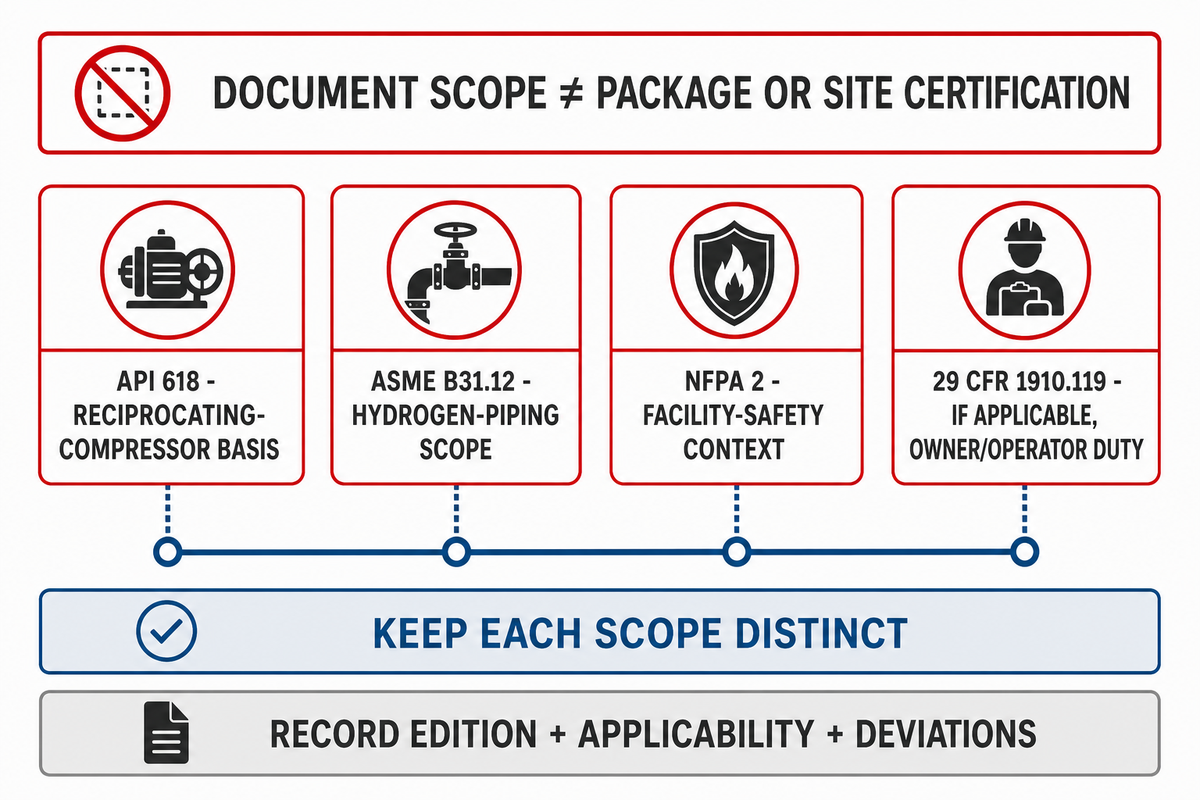 API 618, ASME B31.12, NFPA 2, and applicable process rules retain distinct scopes