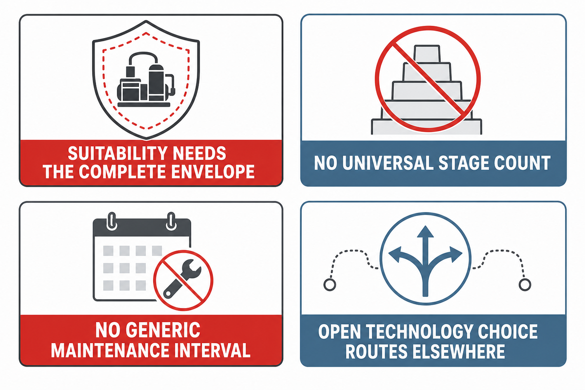 Buyer FAQ routes suitability, stage count, maintenance, and technology choice to the right evidence