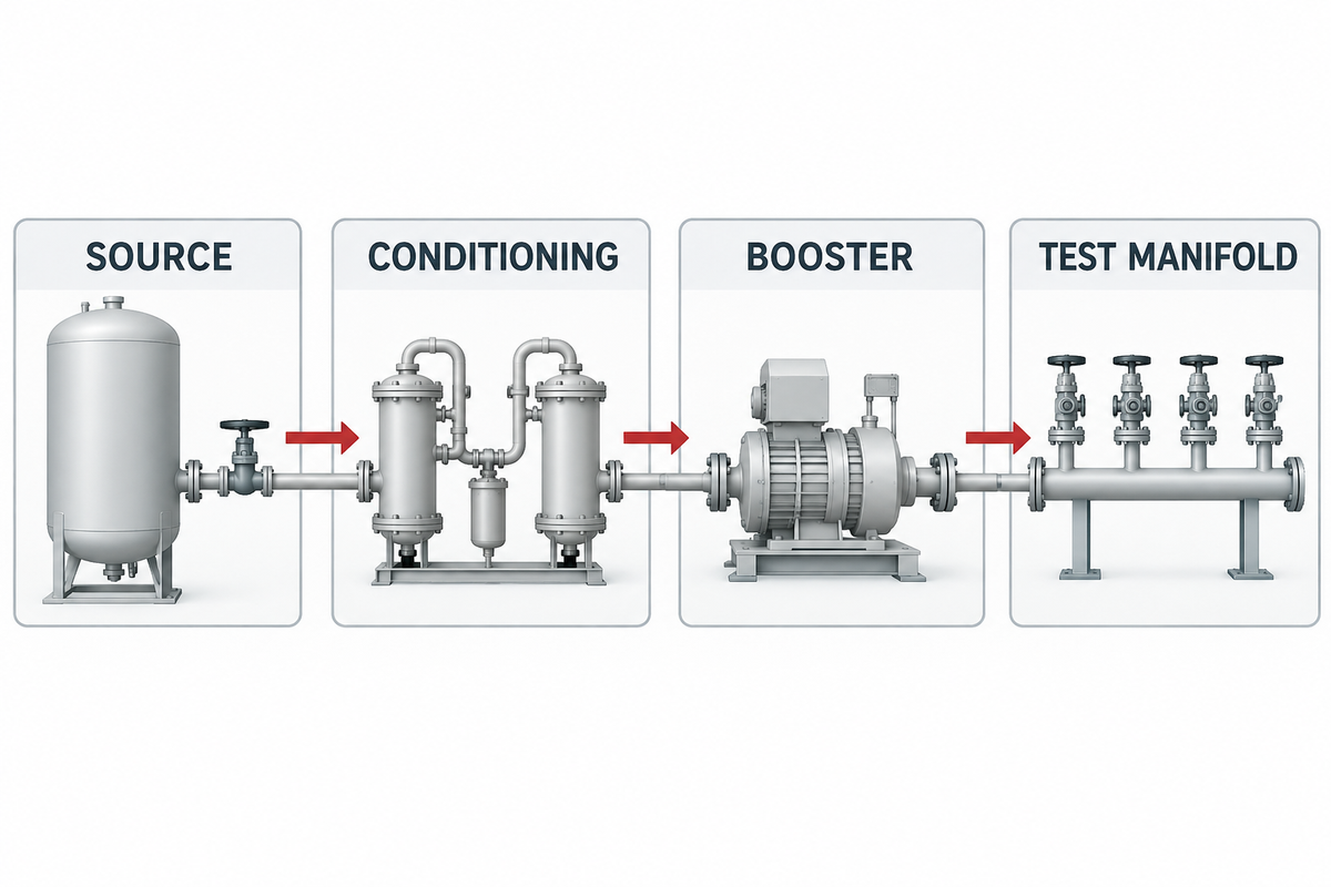 Pressure-test system boundary from gas source to booster and test manifold.