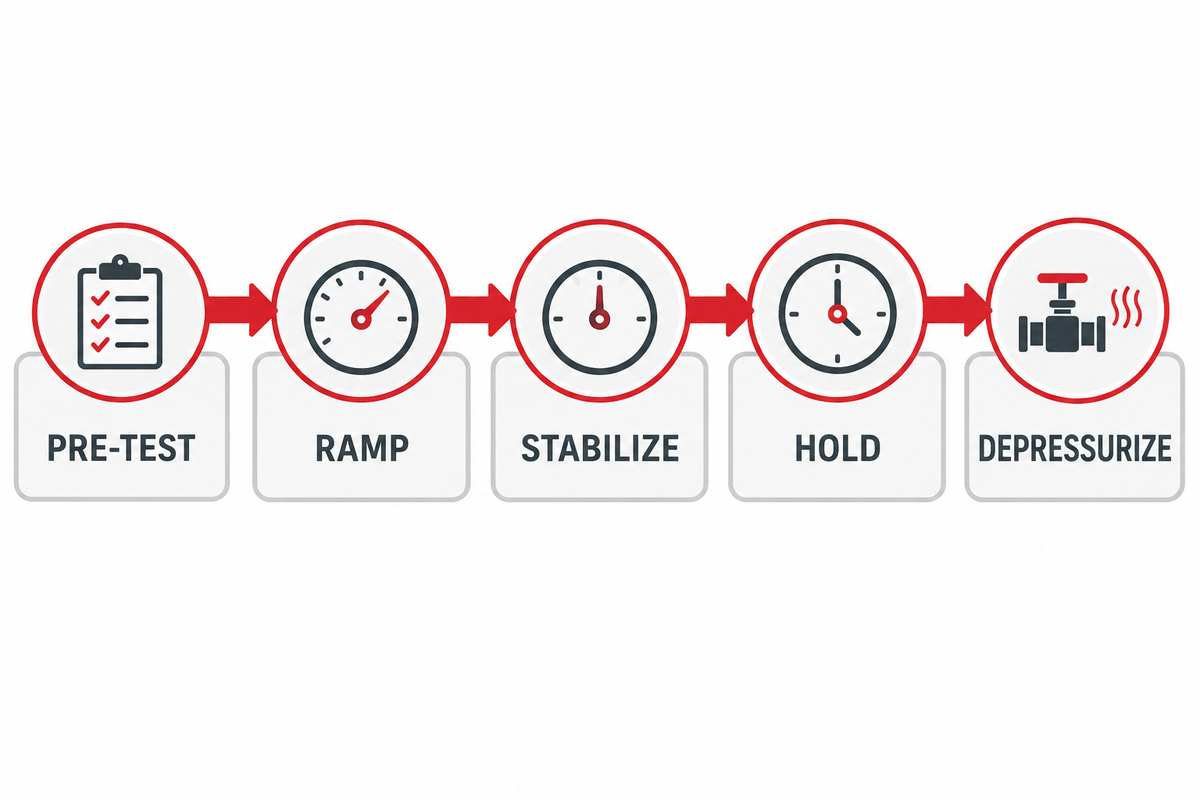 Controlled pressure-test sequence from pre-test review to depressurization.