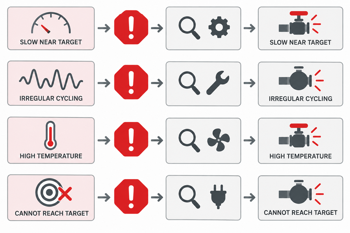 Pressure-test booster troubleshooting map for slow fill, cycling and heat.