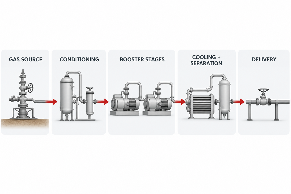 Oil and gas booster compressor system boundary from source to delivery.