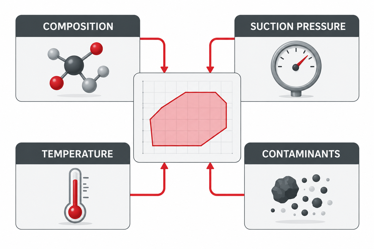 Gas and suction envelope inputs for an oil and gas booster compressor.