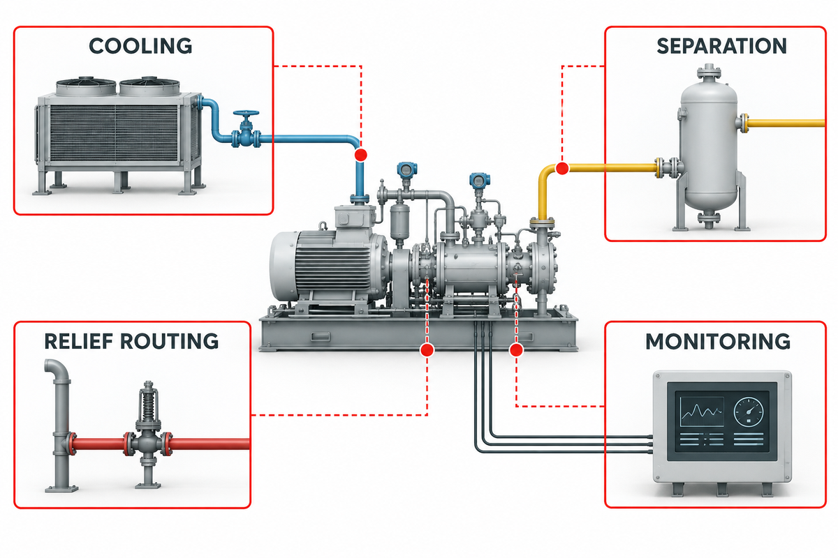 Cooling, separation and safety interfaces around a booster compressor.