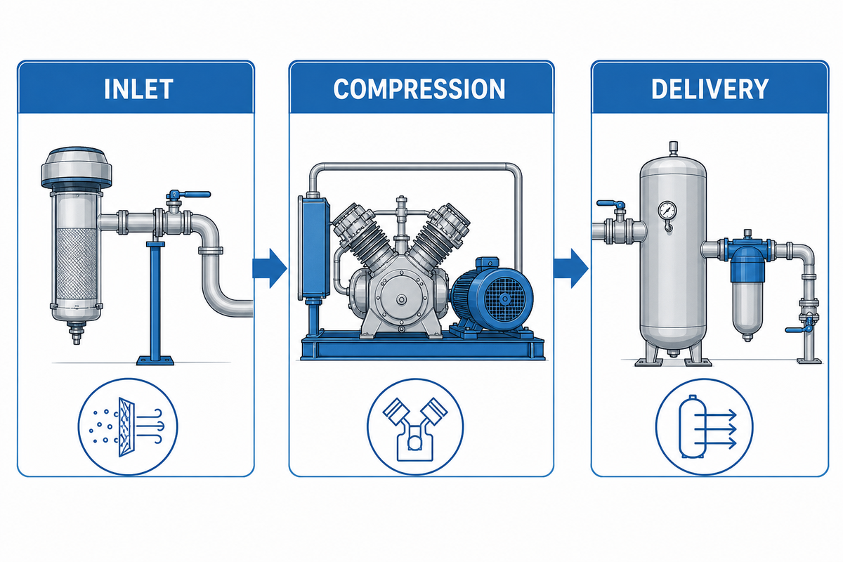 High-pressure nitrogen compressor system review flow.