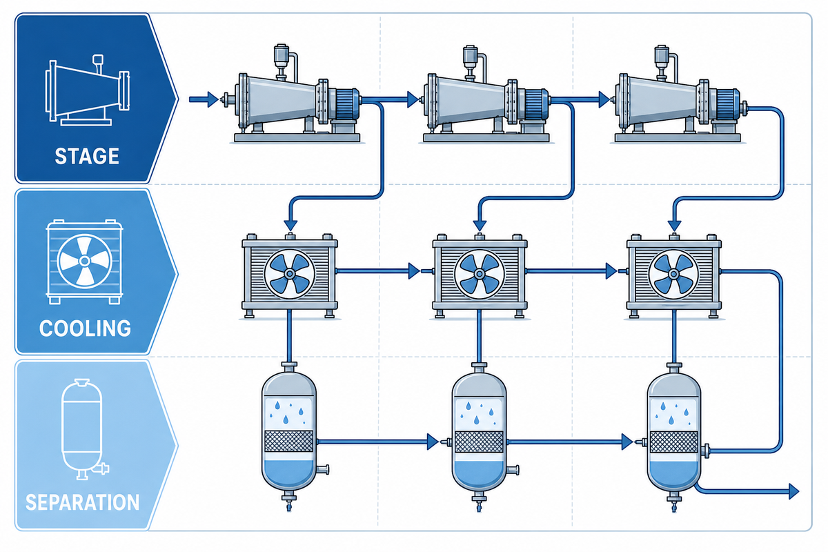 Multi-stage high-pressure nitrogen compressor cutaway.
