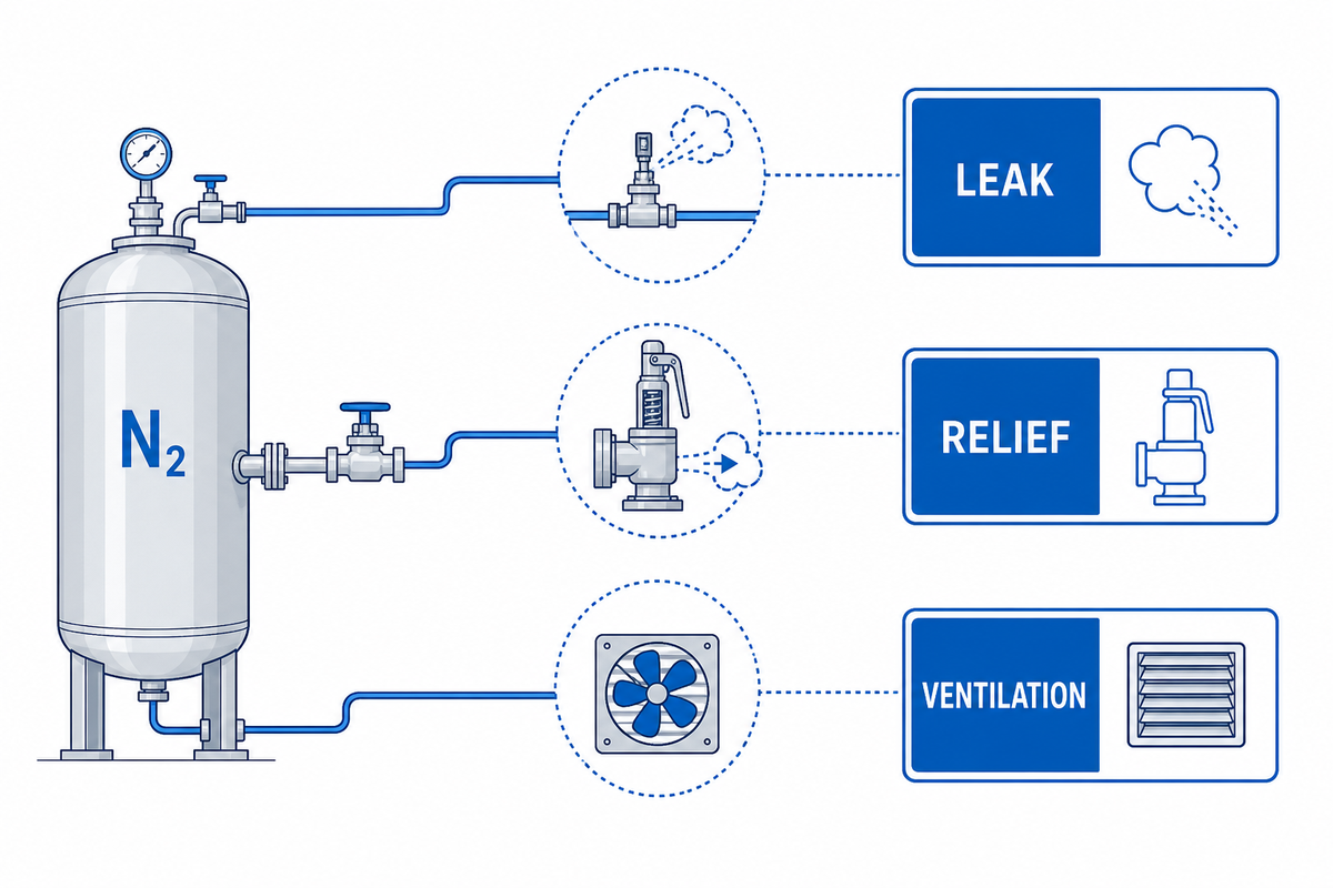 Nitrogen compressor leakage, relief, and ventilation safeguards.