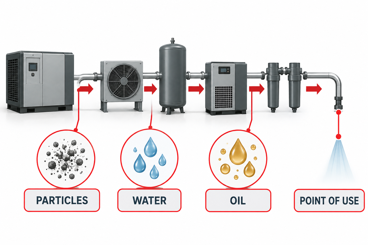 Compressed-air treatment and point-of-use quality chain.