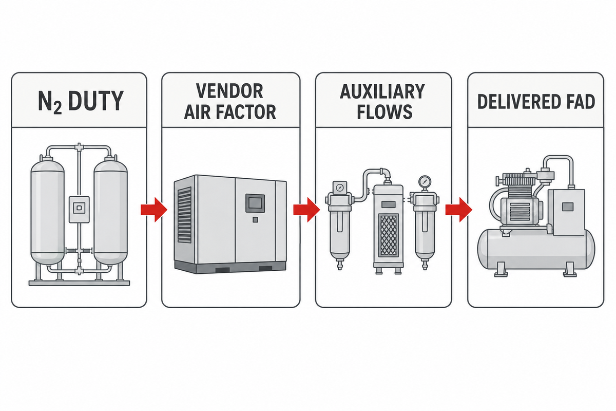 Air-to-nitrogen conversion chain for calculating required compressor FAD.