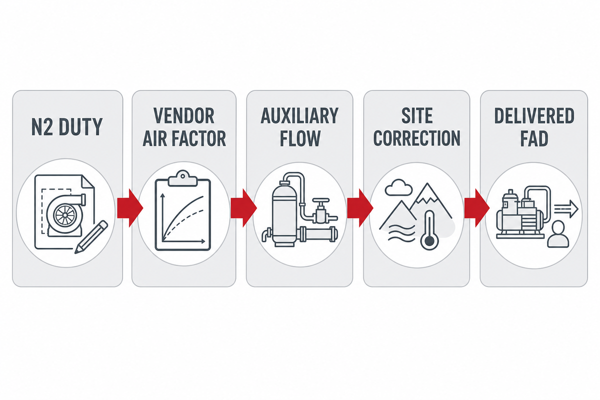 Step-by-step FAD calculation path for nitrogen generator feed air.