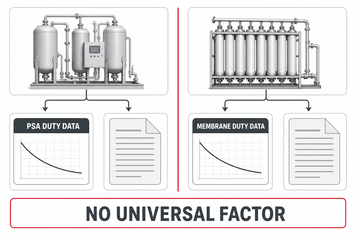 PSA and membrane nitrogen systems require separate air-factor data.