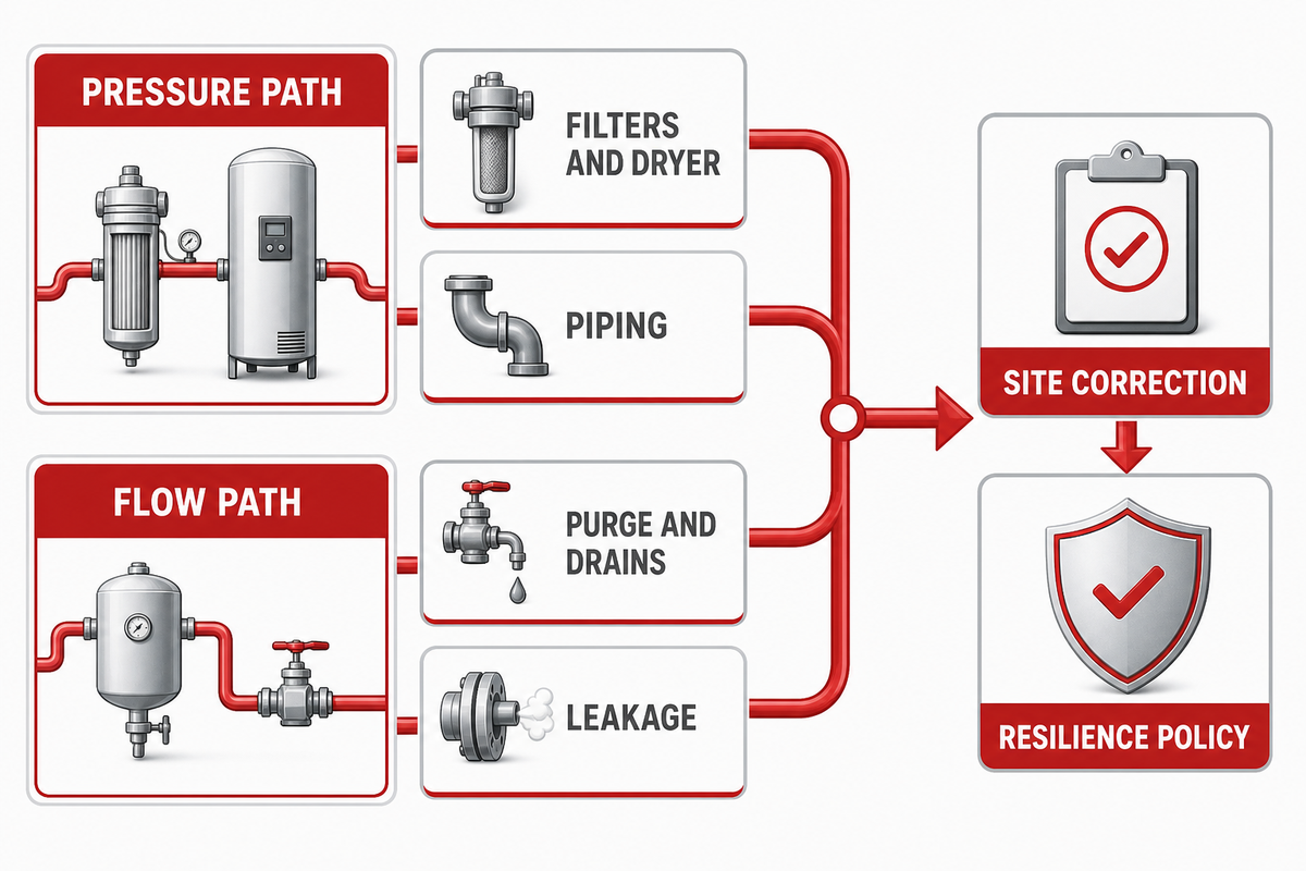 Separate pressure, flow, site correction and resilience ledger for compressor sizing.