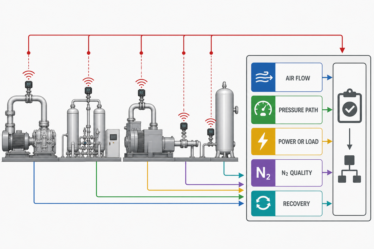 Peak-demand commissioning measurement chain for nitrogen feed-air sizing.
