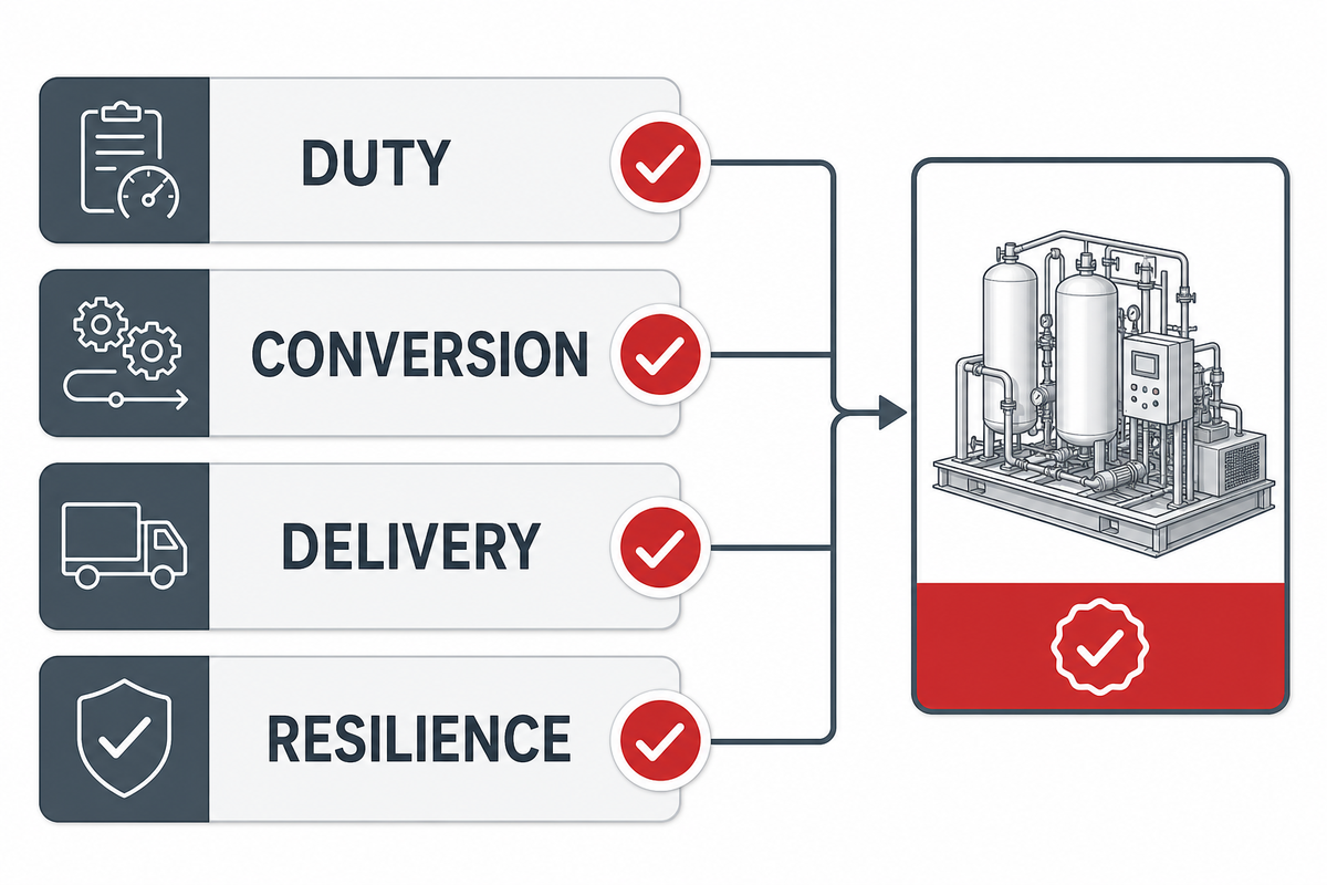 Four-layer delivered-air check covering duty, conversion, delivery and resilience.